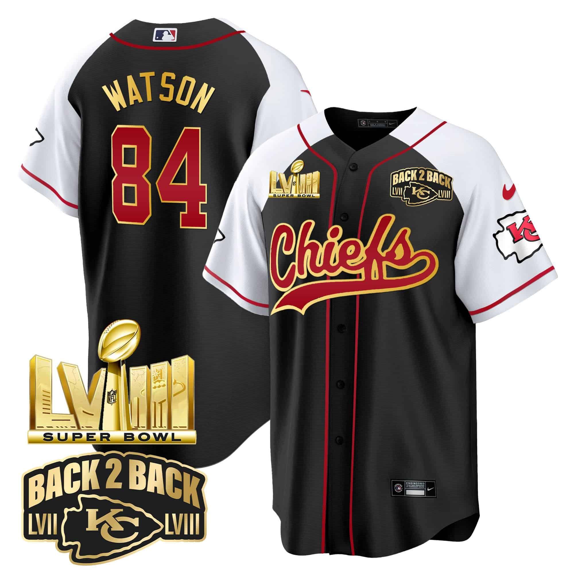 Men Kansas City Chiefs #84 Watson Black 2024 Nike Super Bowl LVIII Back-2-Back Gold Patch Baseball NFL Jersey style 1
